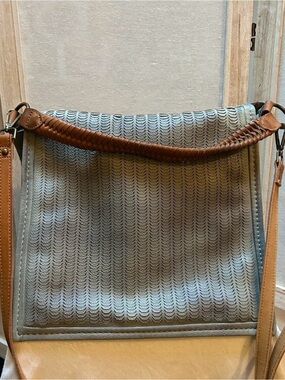 Free People Textured Light Blue Crossbody with Tan Leather Strap